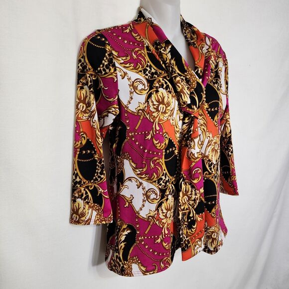 Tiffany & Grey Petite Womens Top Medium 3/4 Sleeve Multicolor Built In Scarf Tie - Picture 4 of 7